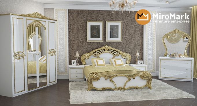 Ева Спальня со шкафом 4 дв. Белый - Золото Миромарк