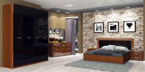 Белла Комплект спальні з шафою 4 дв. Вишня бюзум/чорний глянець Міромарк фотографія